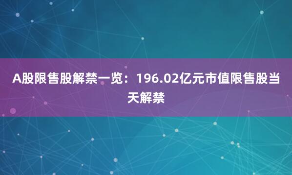 A股限售股解禁一览：196.02亿元市值限售股当天解禁